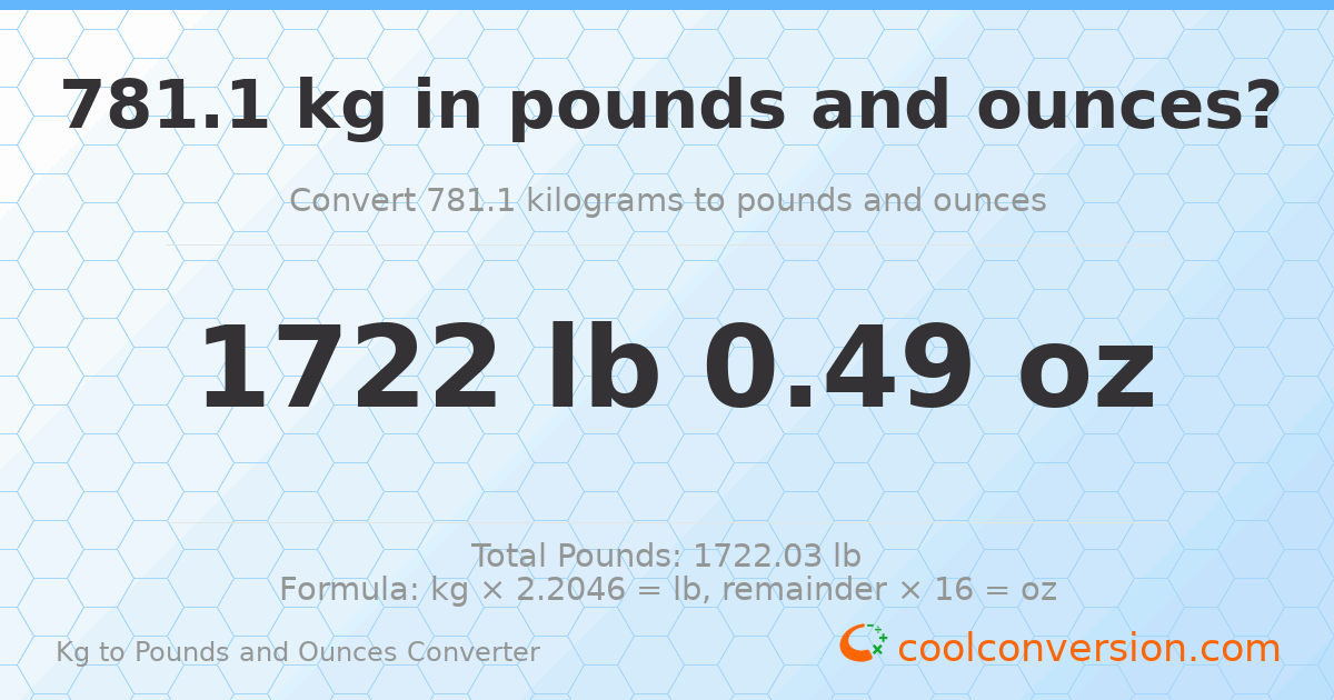 781.1 kg to lbs and oz — 781.1 kg = 1722 lb 0.49 oz