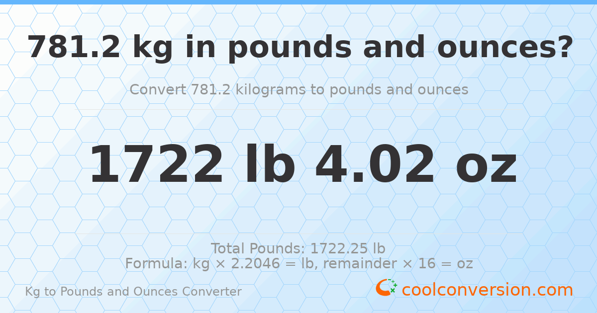 781.2 kg to lbs and oz — 781.2 kg = 1722 lb 4.02 oz