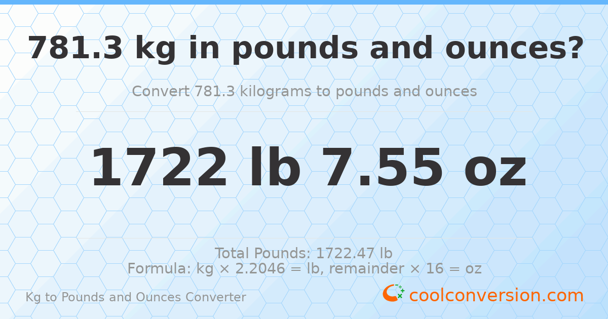 781.3 kg to lbs and oz — 781.3 kg = 1722 lb 7.55 oz