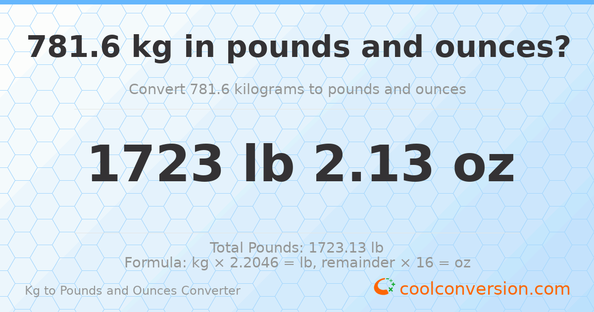 781.6 kg to lbs and oz — 781.6 kg = 1723 lb 2.13 oz