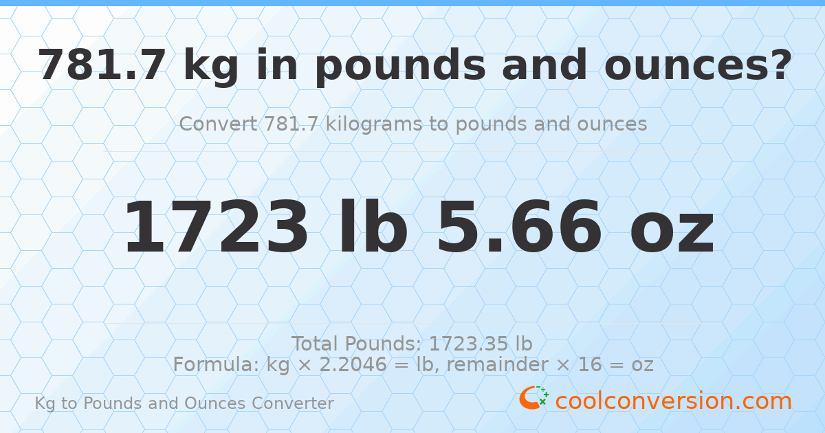 781.7 kg to lbs and oz — 781.7 kg = 1723 lb 5.66 oz