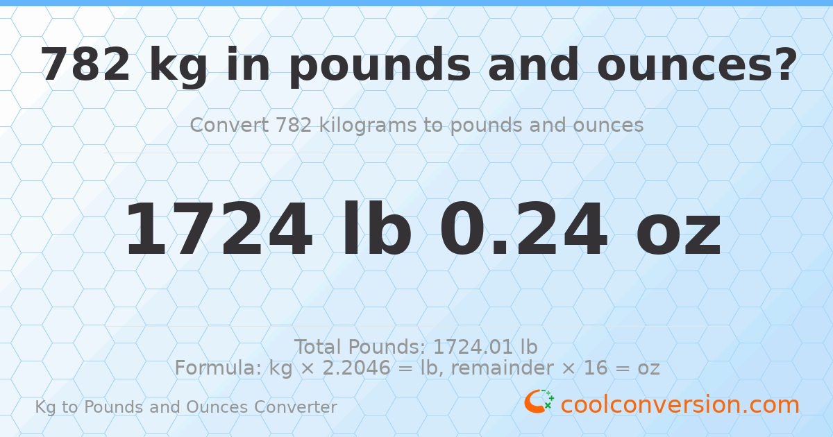 782 kg to lbs and oz — 782 kg = 1724 lb 0.24 oz