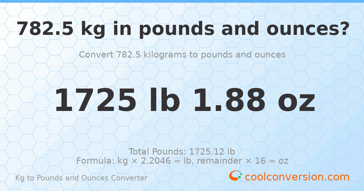 782.5 kg to lbs and oz — 782.5 kg = 1725 lb 1.88 oz
