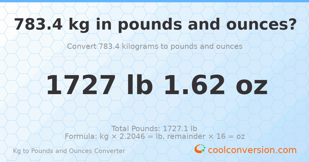 783.4 kg to lbs and oz — 783.4 kg = 1727 lb 1.62 oz