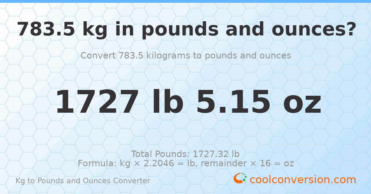 783.5 kg to lbs and oz — 783.5 kg = 1727 lb 5.15 oz