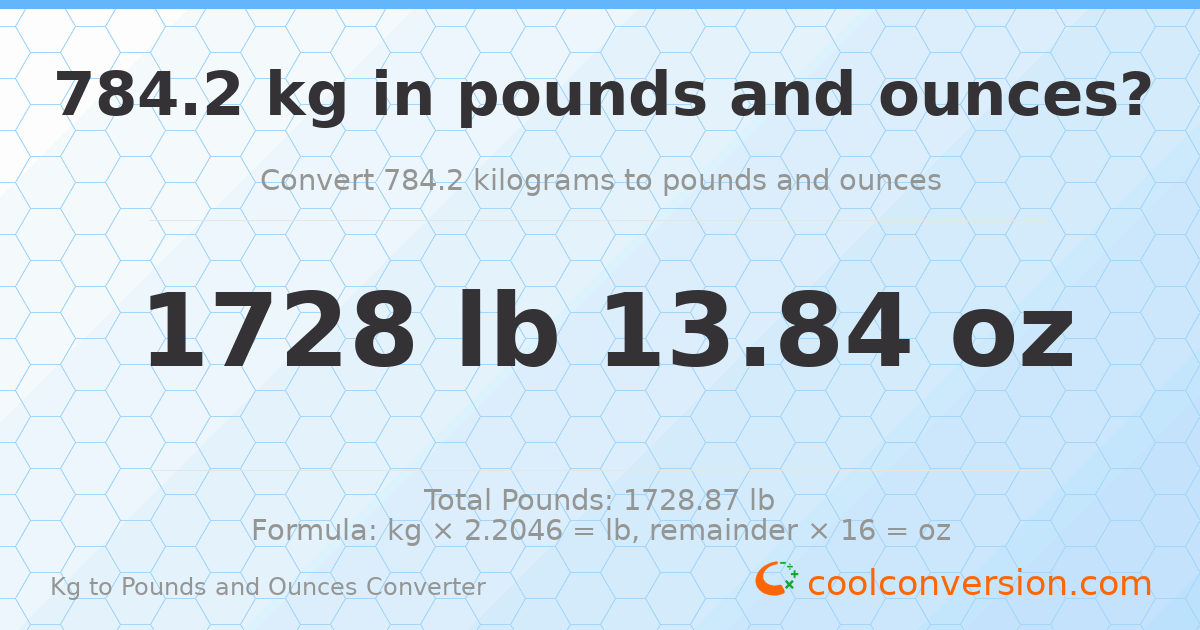 784.2 kg to lbs and oz — 784.2 kg = 1728 lb 13.84 oz