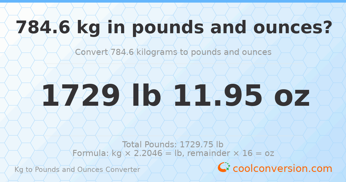 784.6 kg to lbs and oz — 784.6 kg = 1729 lb 11.95 oz