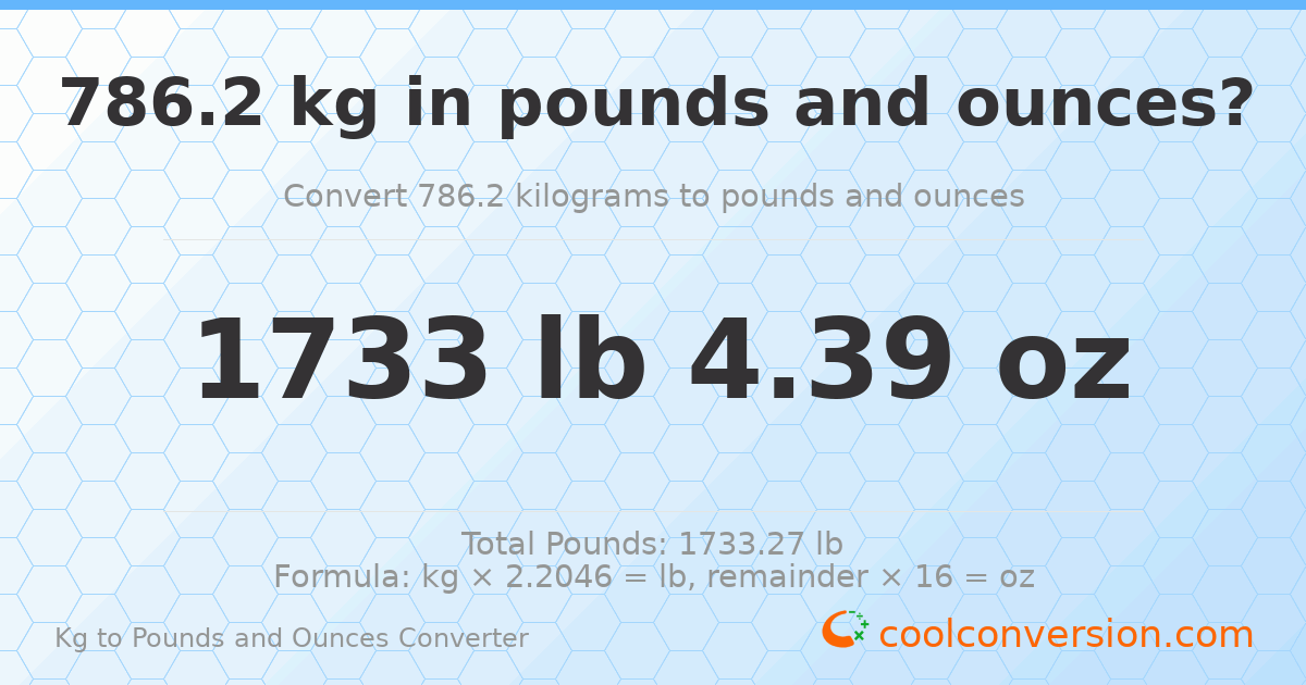 786.2 kg to lbs and oz — 786.2 kg = 1733 lb 4.39 oz