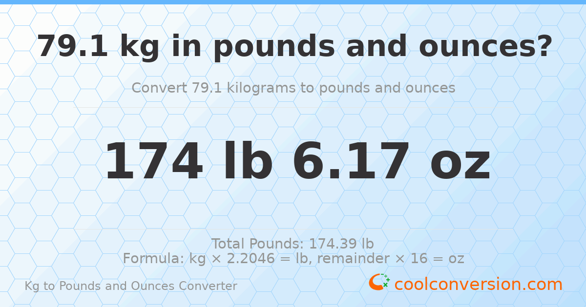 79.1 kg to lbs and oz — 79.1 kg = 174 lb 6.17 oz
