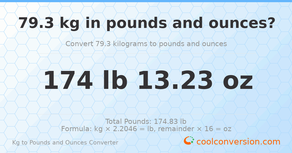 79.3 kg to lbs and oz — 79.3 kg = 174 lb 13.23 oz