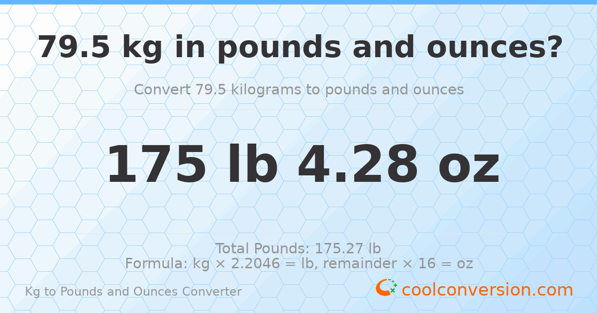 79.5 kg to lbs and oz — 79.5 kg = 175 lb 4.28 oz
