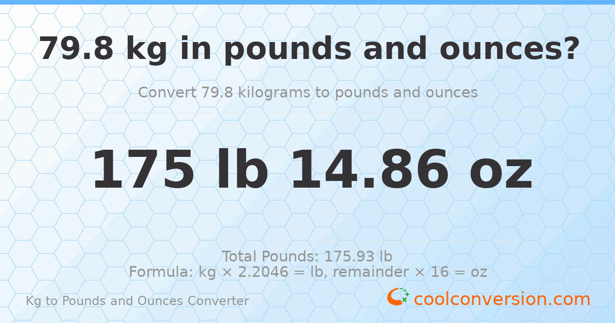 79.8 kg to lbs and oz — 79.8 kg = 175 lb 14.86 oz