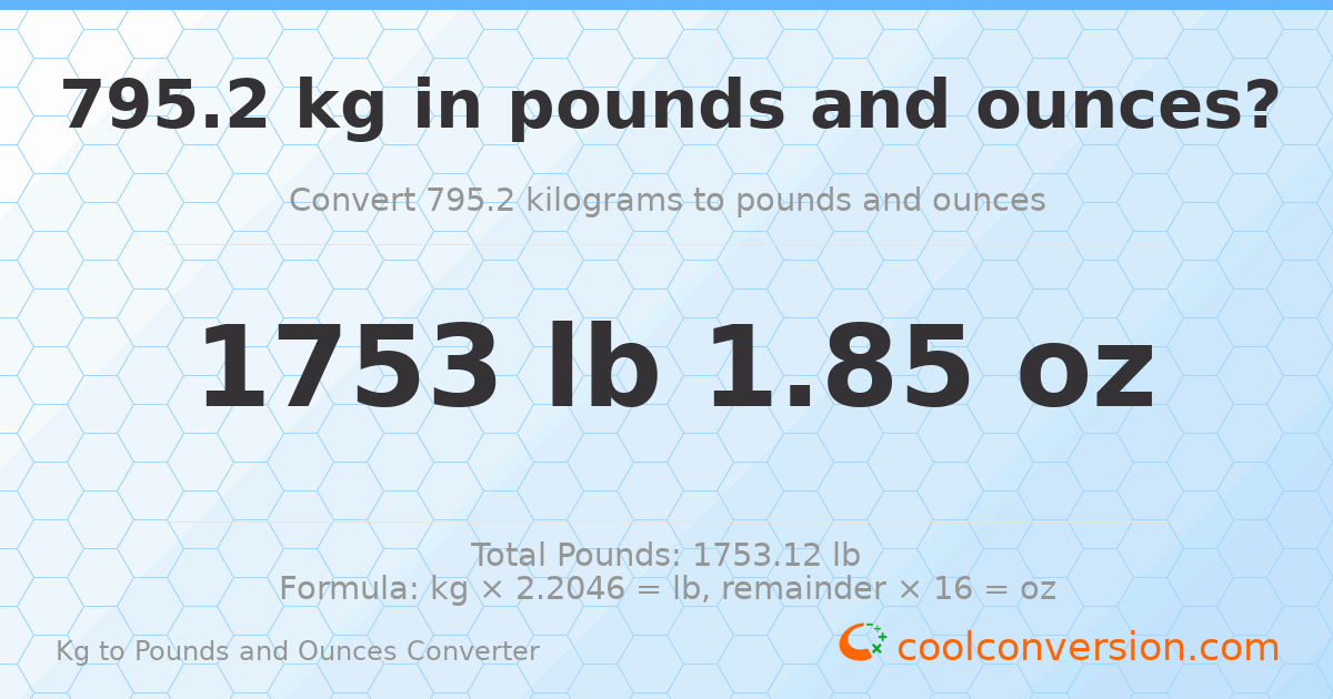 795.2 kg to lbs and oz — 795.2 kg = 1753 lb 1.85 oz