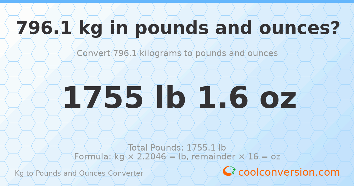 796.1 kg to lbs and oz — 796.1 kg = 1755 lb 1.6 oz