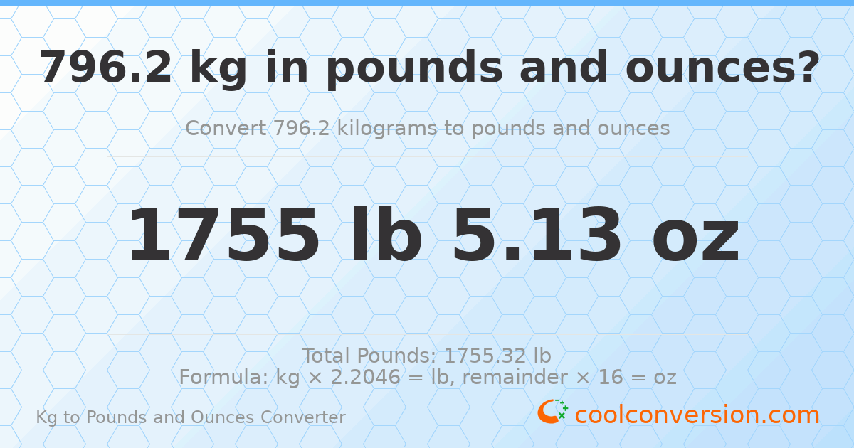 796.2 kg to lbs and oz — 796.2 kg = 1755 lb 5.13 oz