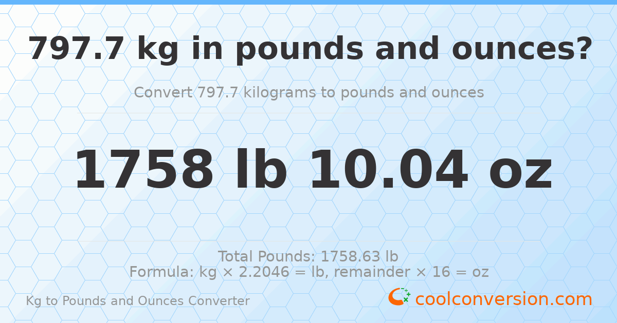 797.7 kg to lbs and oz — 797.7 kg = 1758 lb 10.04 oz