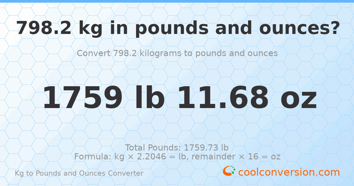 798.2 kg to lbs and oz — 798.2 kg = 1759 lb 11.68 oz