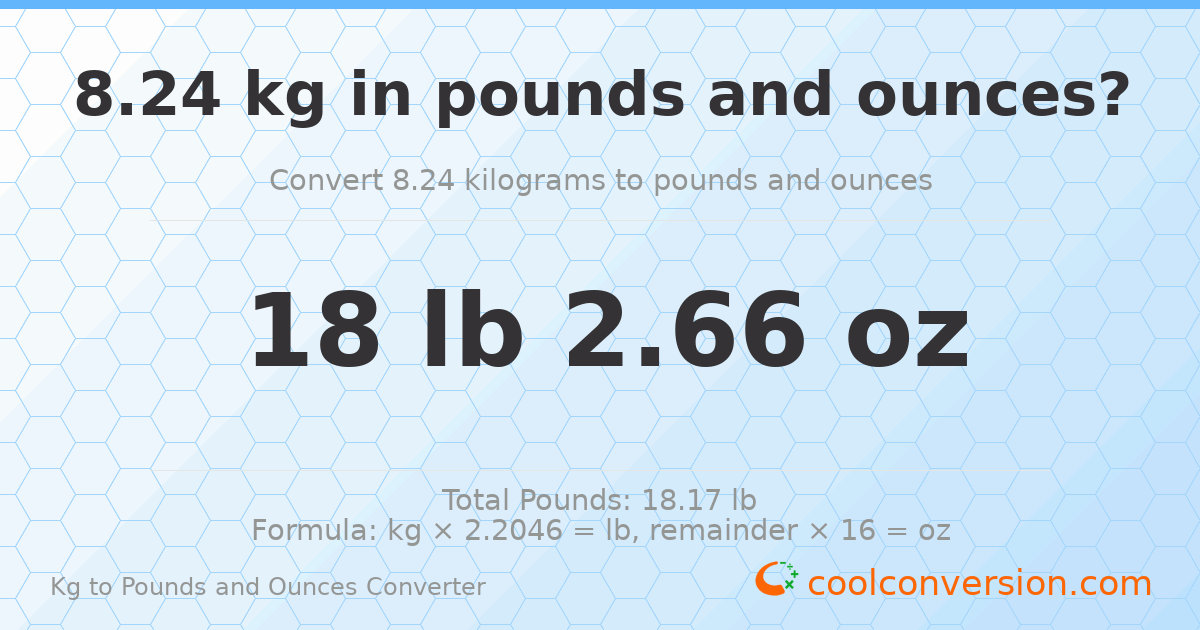 8.24 kg to lbs and oz — 8.24 kg = 18 lb 2.66 oz