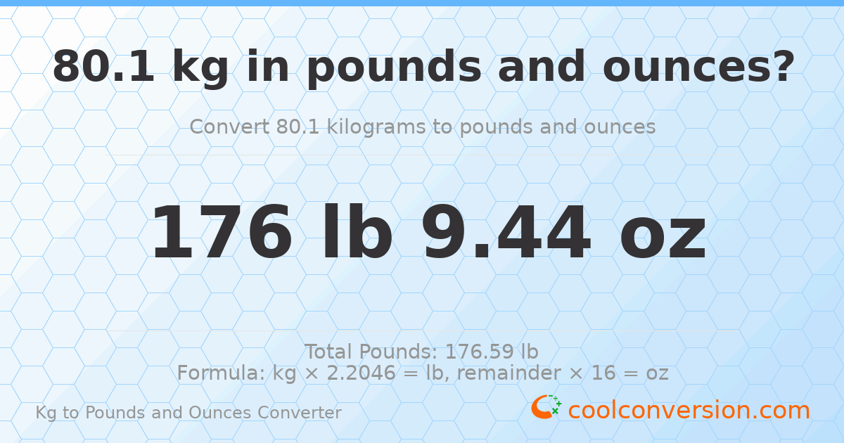 80.1 kg to lbs and oz — 80.1 kg = 176 lb 9.44 oz