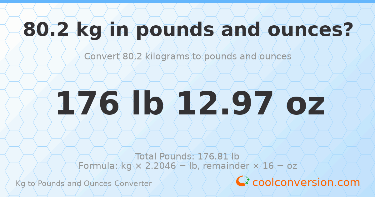 80.2 kg to lbs and oz — 80.2 kg = 176 lb 12.97 oz