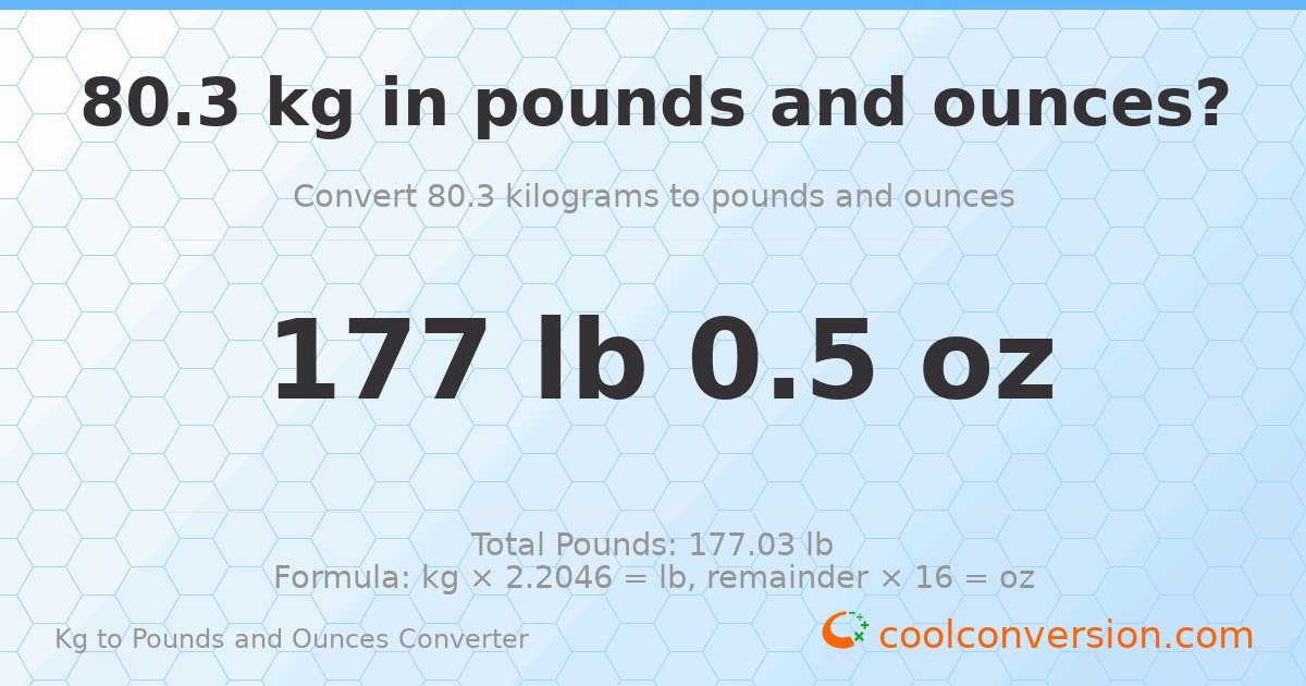 80.3 kg to lbs and oz — 80.3 kg = 177 lb 0.5 oz