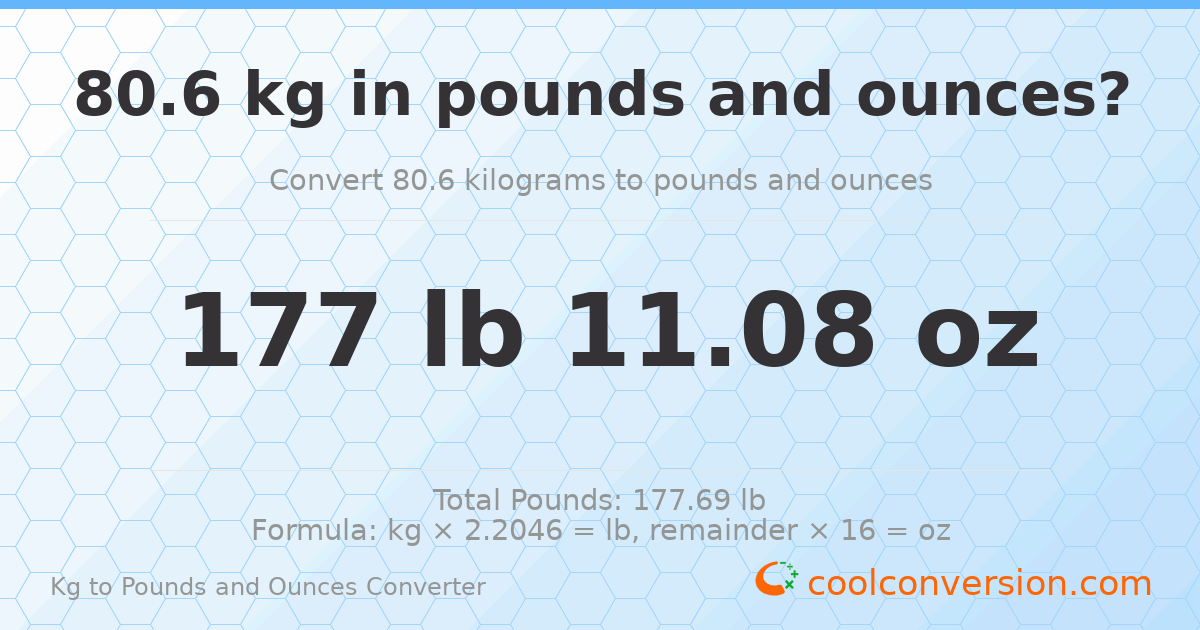 80.6 kg to lbs and oz — 80.6 kg = 177 lb 11.08 oz