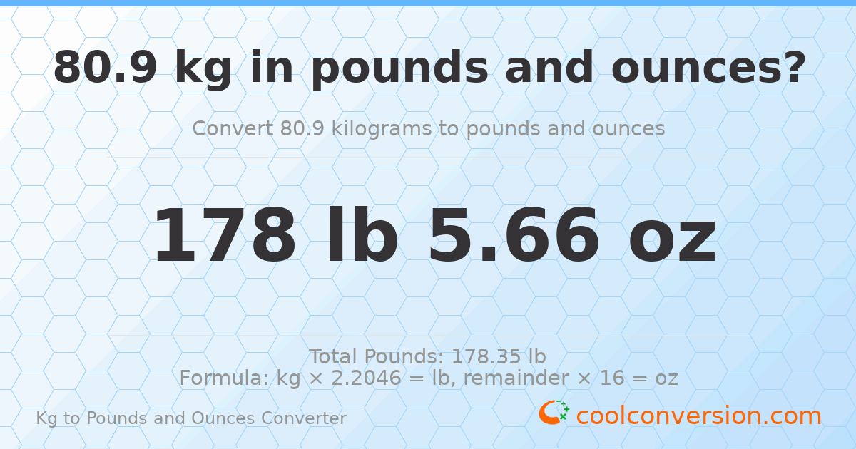 80.9 kg to lbs and oz — 80.9 kg = 178 lb 5.66 oz