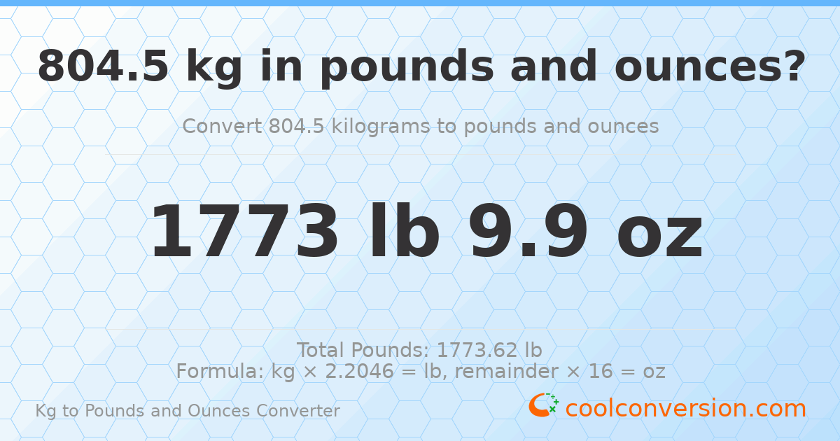 804.5 kg to lbs and oz — 804.5 kg = 1773 lb 9.9 oz