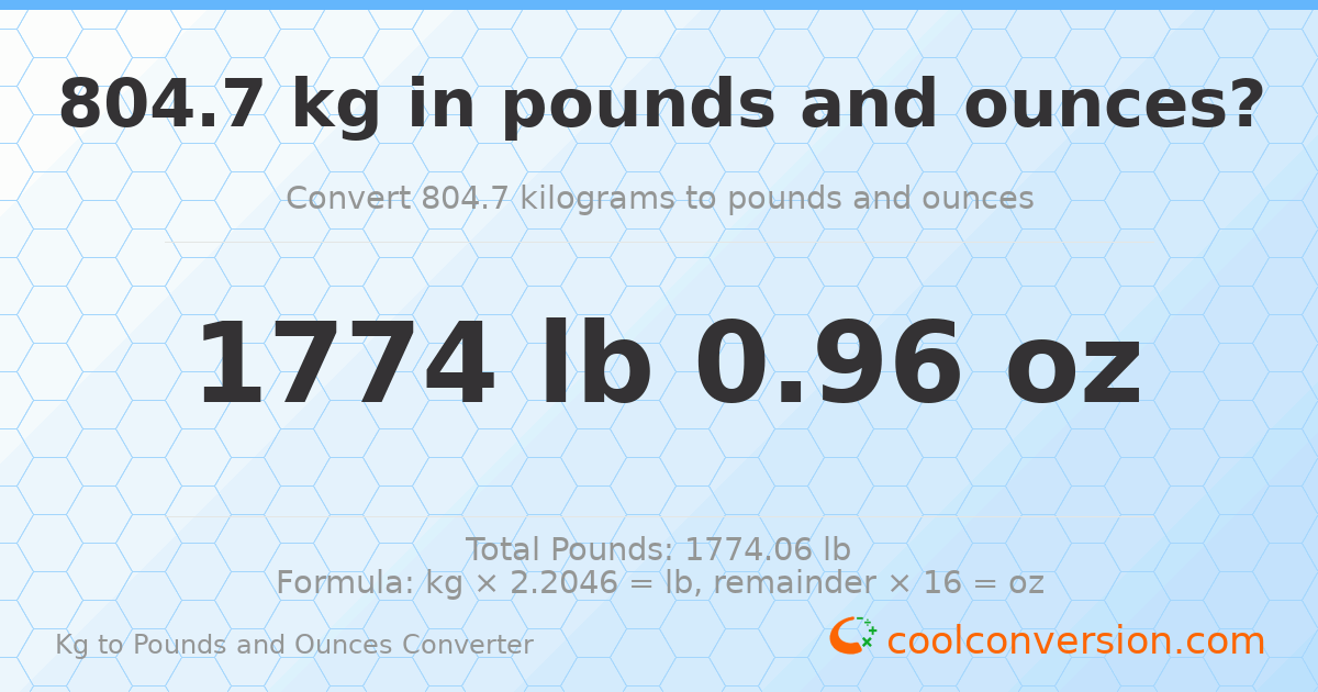 804.7 kg to lbs and oz — 804.7 kg = 1774 lb 0.96 oz