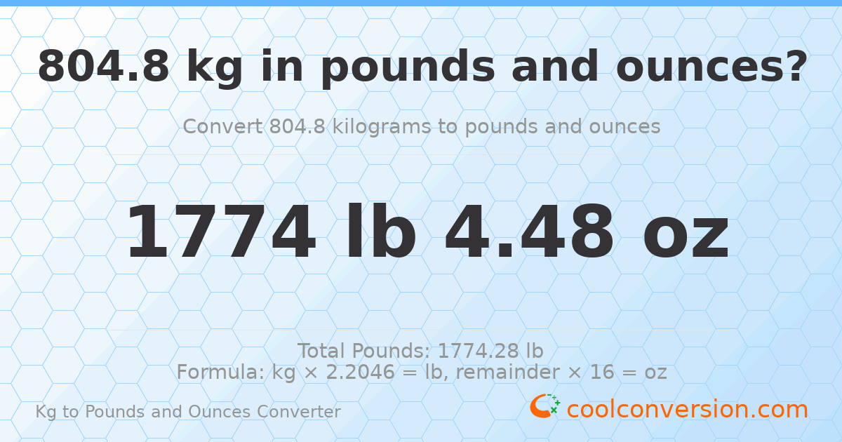 804.8 kg to lbs and oz — 804.8 kg = 1774 lb 4.48 oz