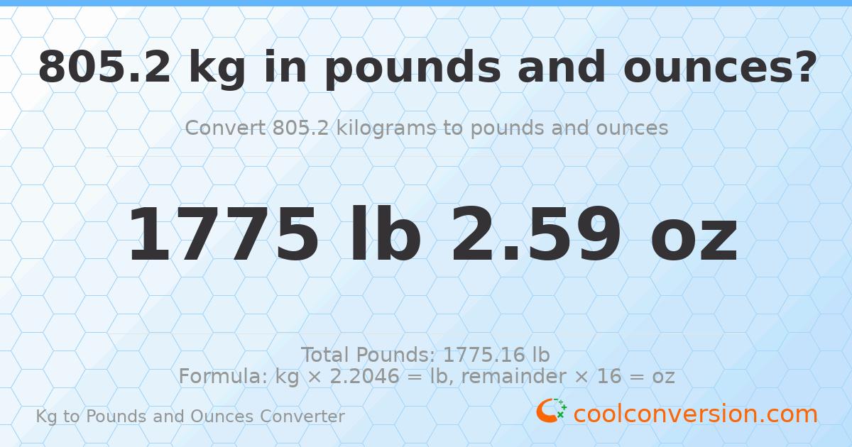 805.2 kg to lbs and oz — 805.2 kg = 1775 lb 2.59 oz