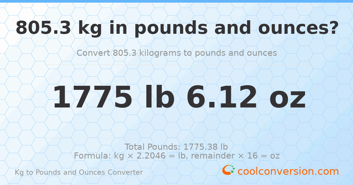 805.3 kg to lbs and oz — 805.3 kg = 1775 lb 6.12 oz
