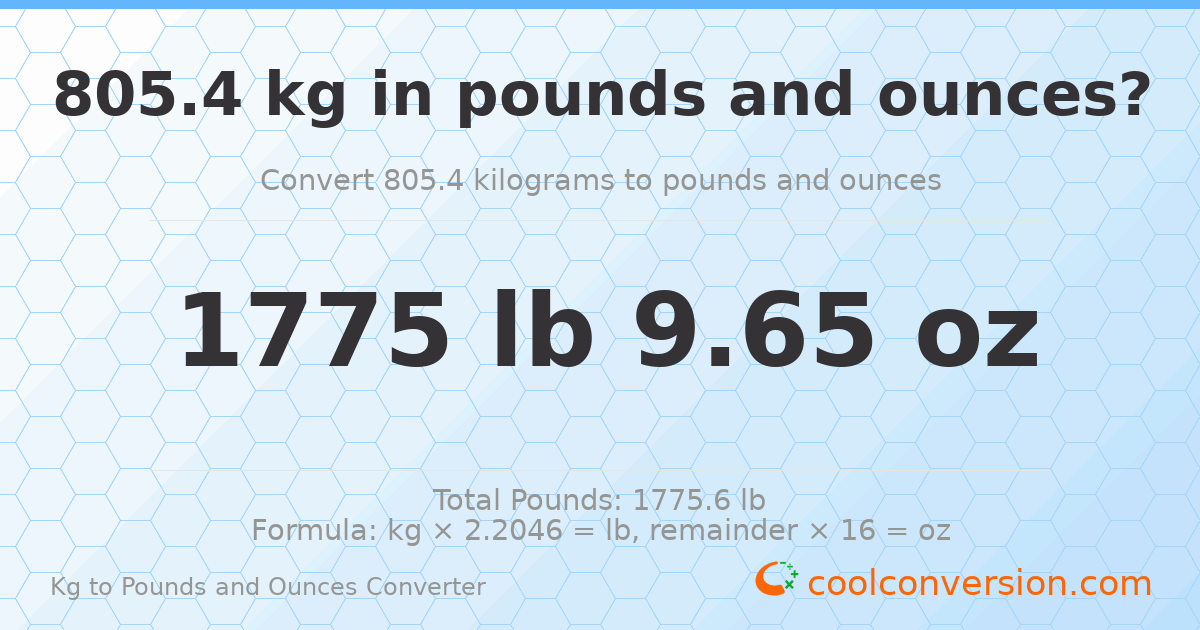805.4 kg to lbs and oz — 805.4 kg = 1775 lb 9.65 oz