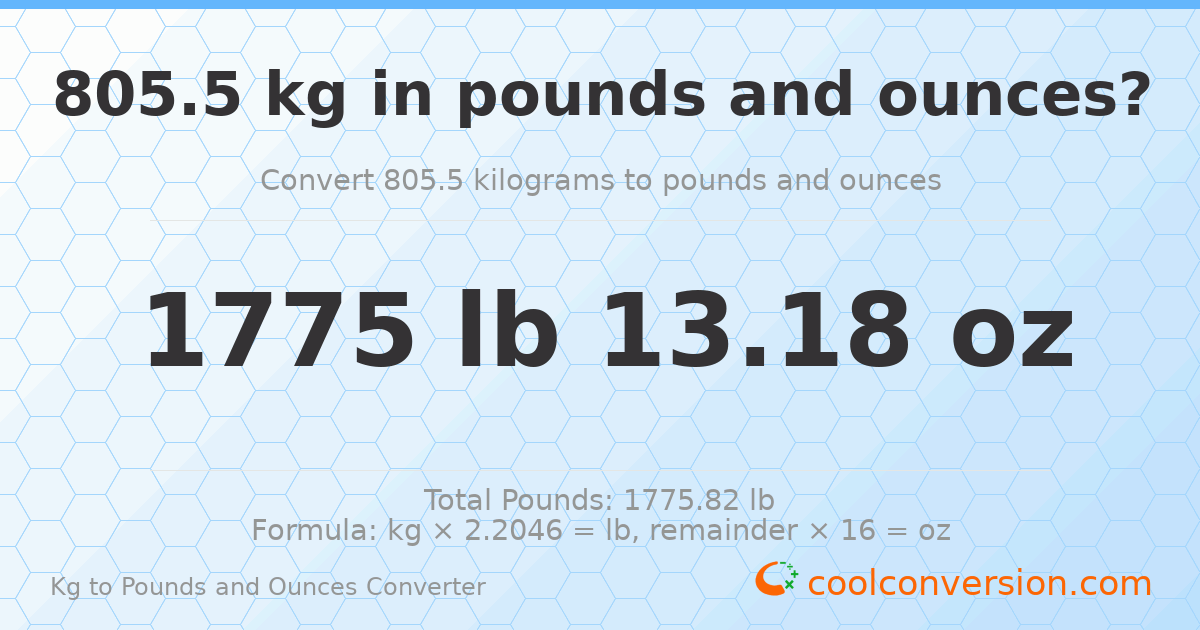 805.5 kg to lbs and oz — 805.5 kg = 1775 lb 13.18 oz