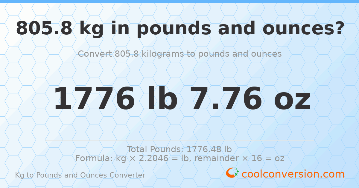 805.8 kg to lbs and oz — 805.8 kg = 1776 lb 7.76 oz