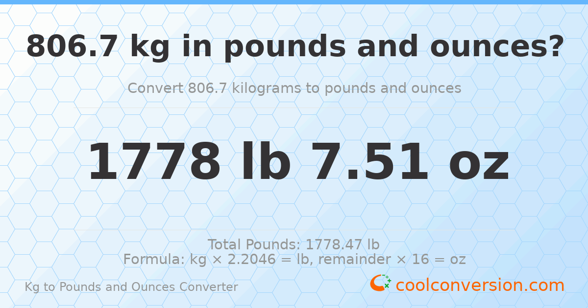806.7 kg to lbs and oz — 806.7 kg = 1778 lb 7.51 oz