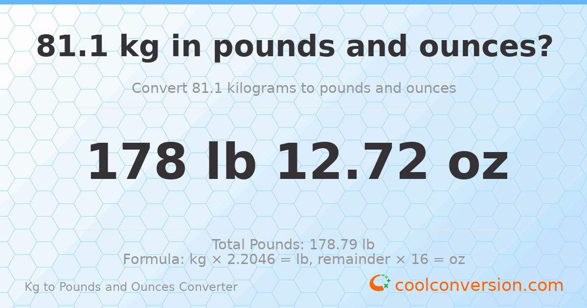 81.1 kg to lbs and oz — 81.1 kg = 178 lb 12.72 oz