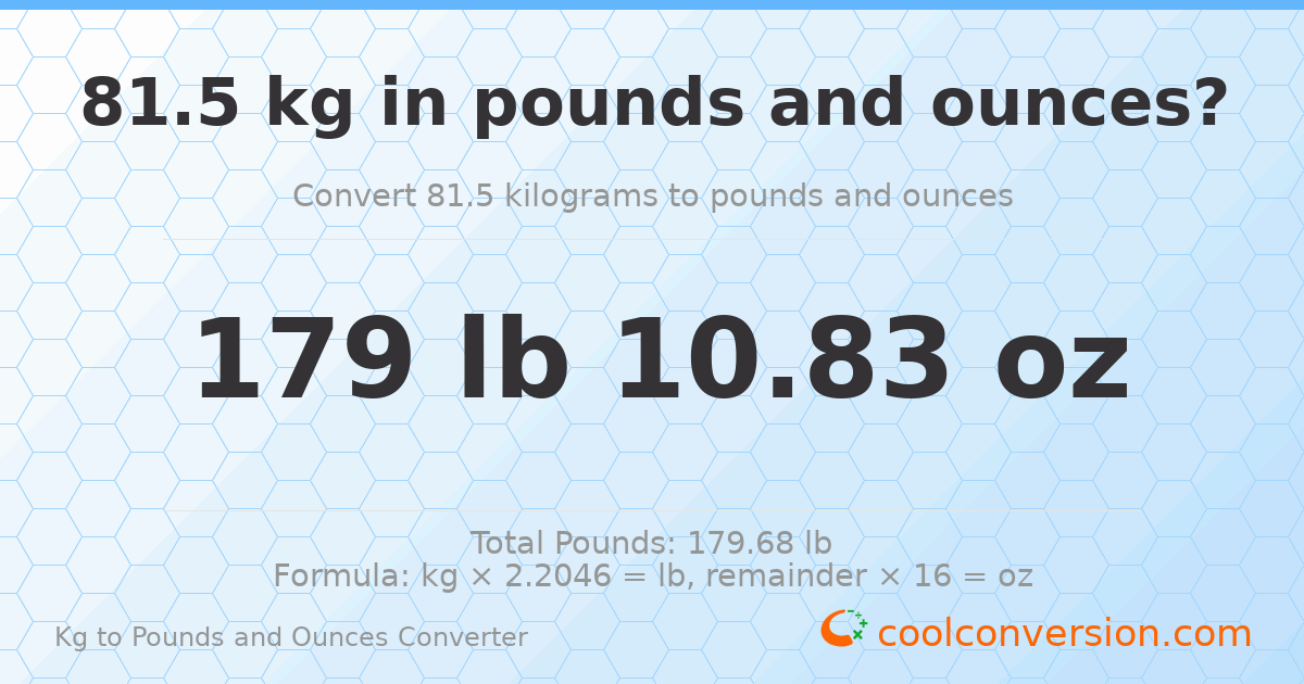 81.5 kg to lbs and oz — 81.5 kg = 179 lb 10.83 oz