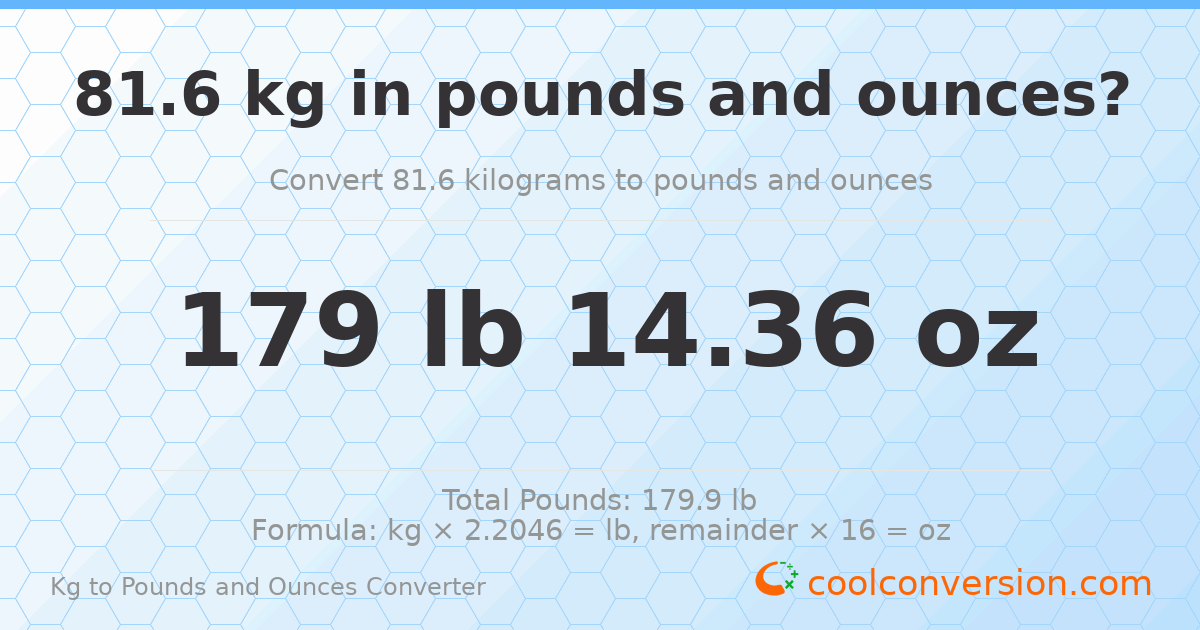 81.6 kg to lbs and oz — 81.6 kg = 179 lb 14.36 oz