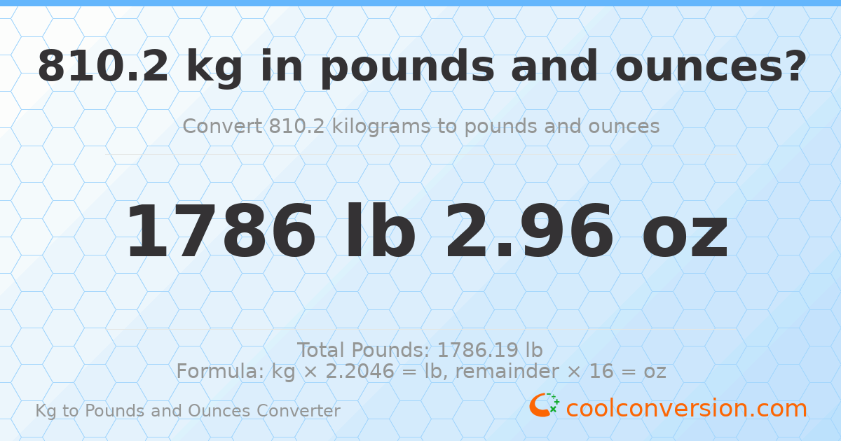 810.2 kg to lbs and oz — 810.2 kg = 1786 lb 2.96 oz
