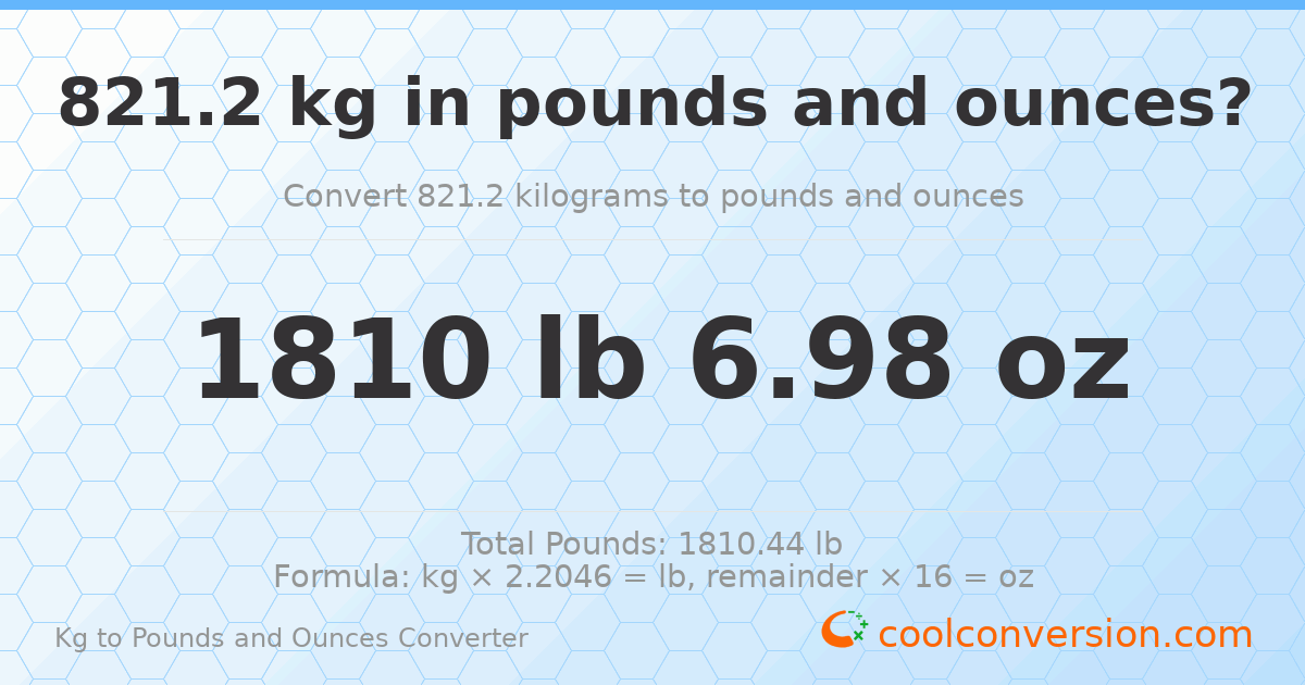 821.2 kg to lbs and oz — 821.2 kg = 1810 lb 6.98 oz