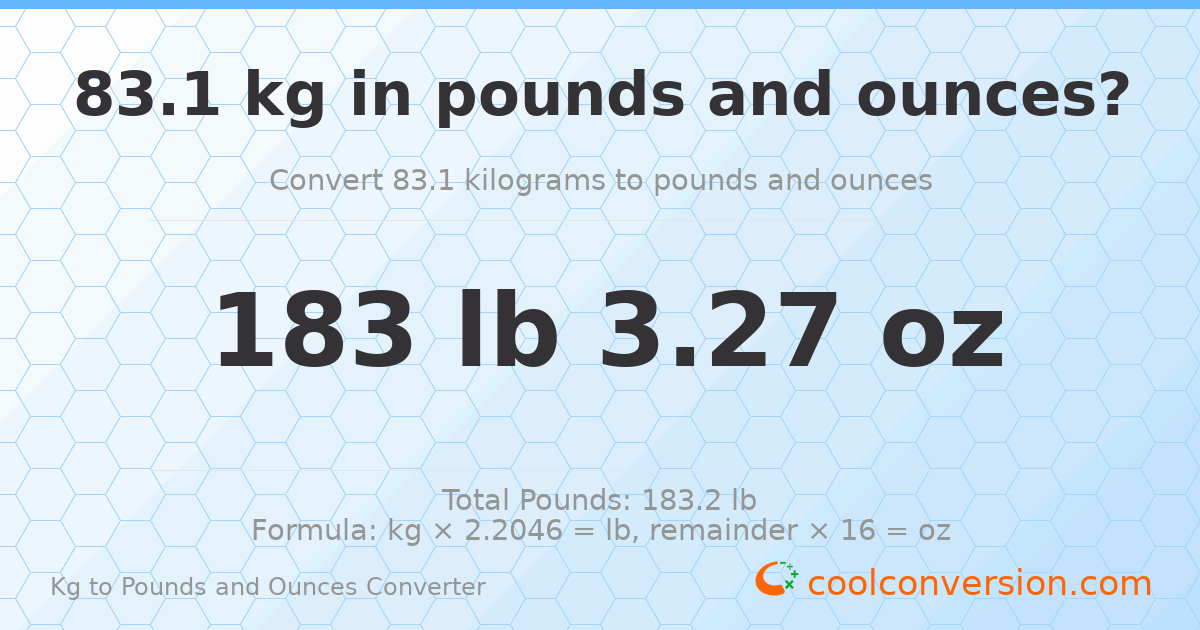 83.1 kg to lbs and oz — 83.1 kg = 183 lb 3.27 oz