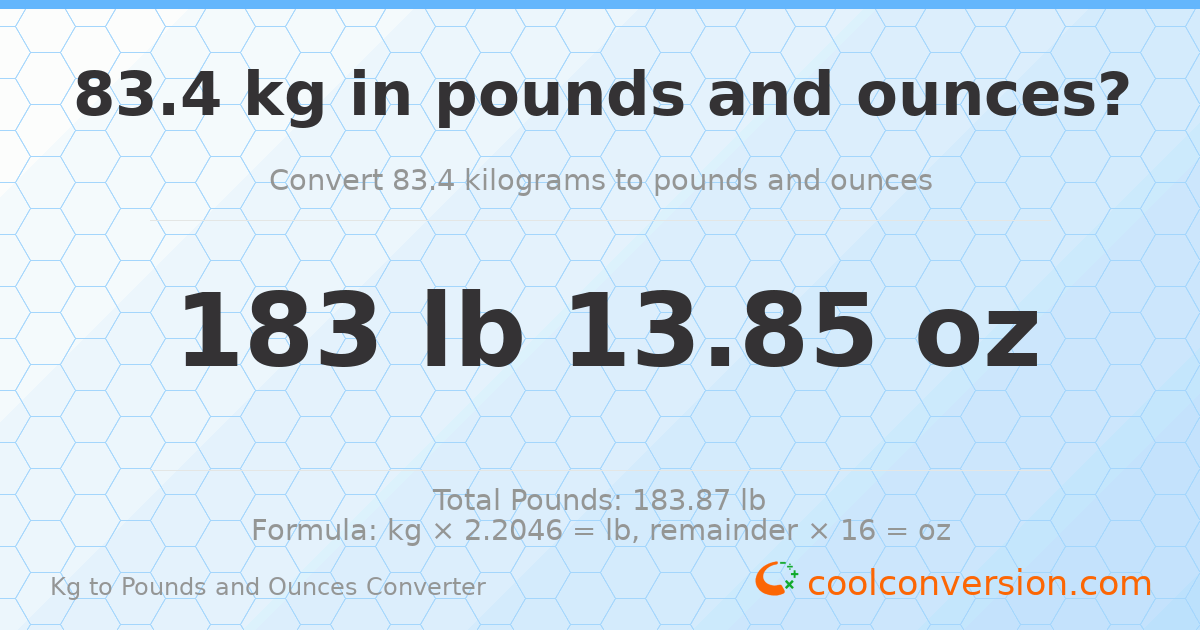 83.4 kg to lbs and oz — 83.4 kg = 183 lb 13.85 oz
