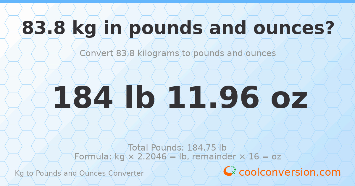 83.8 kg to lbs and oz — 83.8 kg = 184 lb 11.96 oz