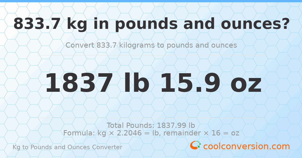 833.7 kg to lbs and oz — 833.7 kg = 1837 lb 15.9 oz
