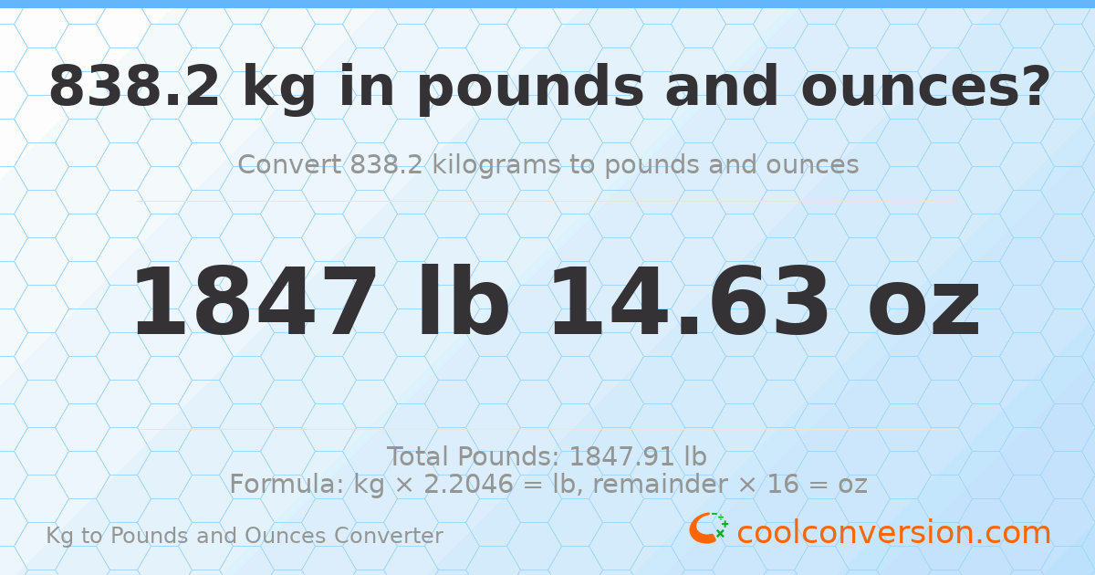 838.2 kg to lbs and oz — 838.2 kg = 1847 lb 14.63 oz