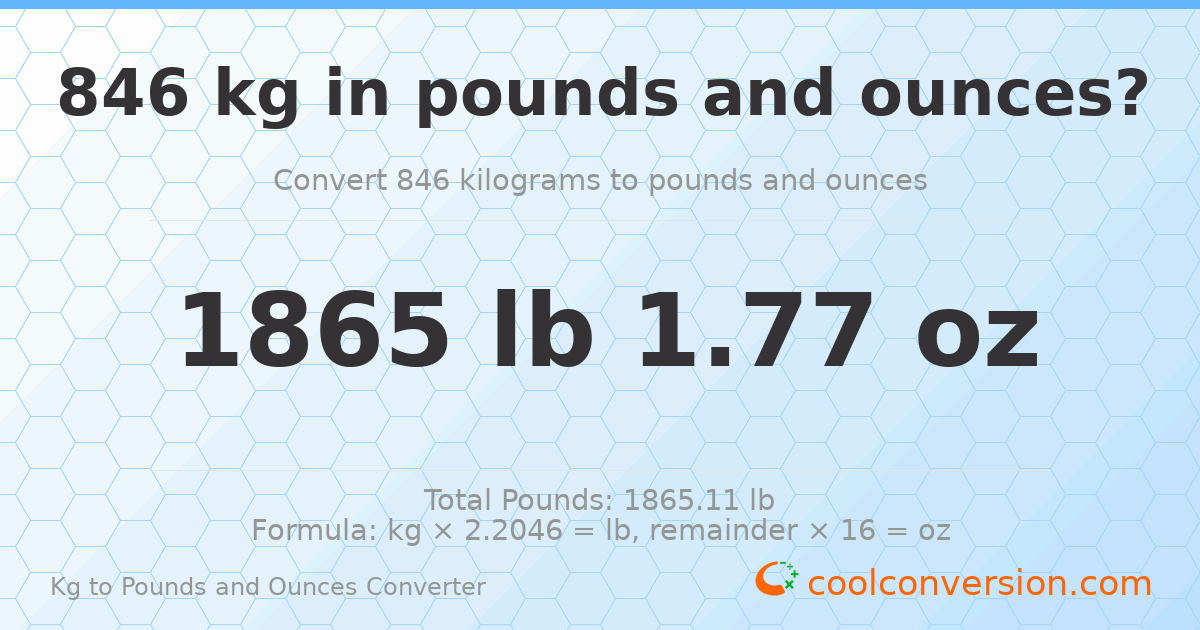 846 kg to lbs and oz — 846 kg = 1865 lb 1.77 oz