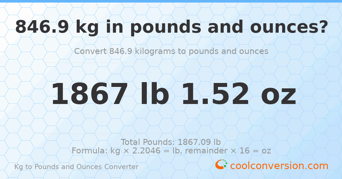846.9 kg to lbs and oz — 846.9 kg = 1867 lb 1.52 oz