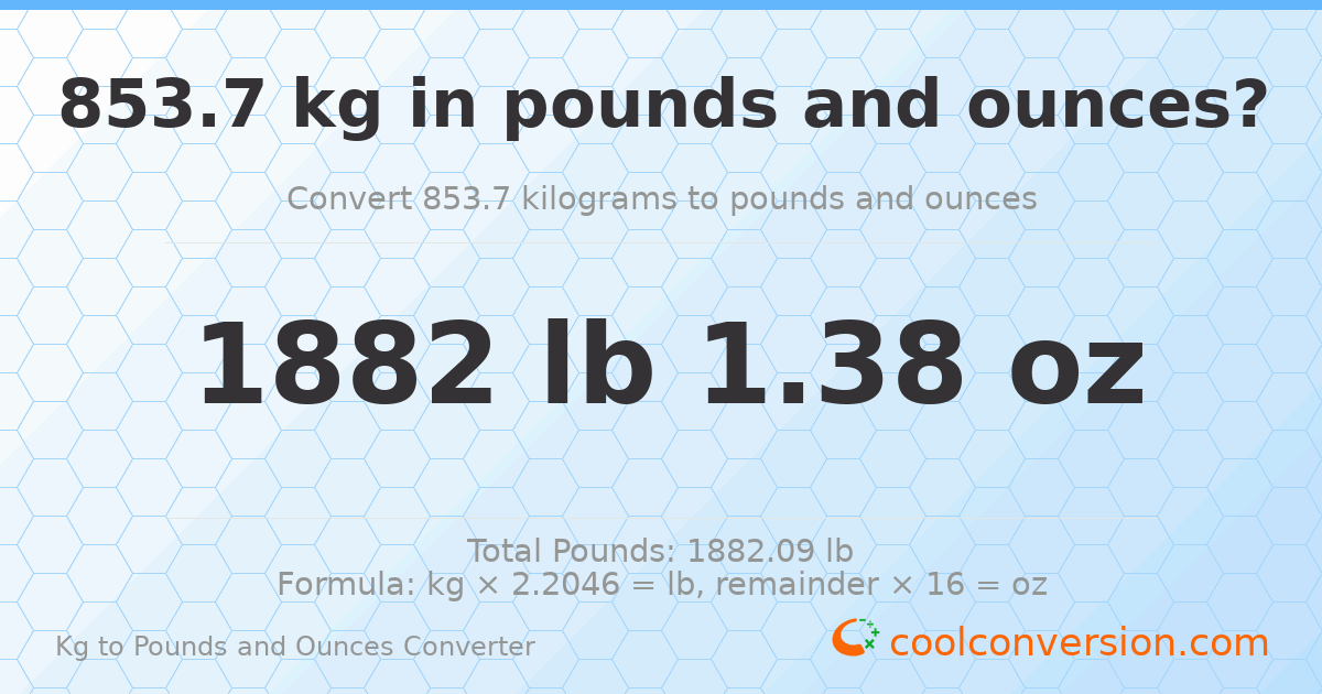 853.7 kg to lbs and oz — 853.7 kg = 1882 lb 1.38 oz