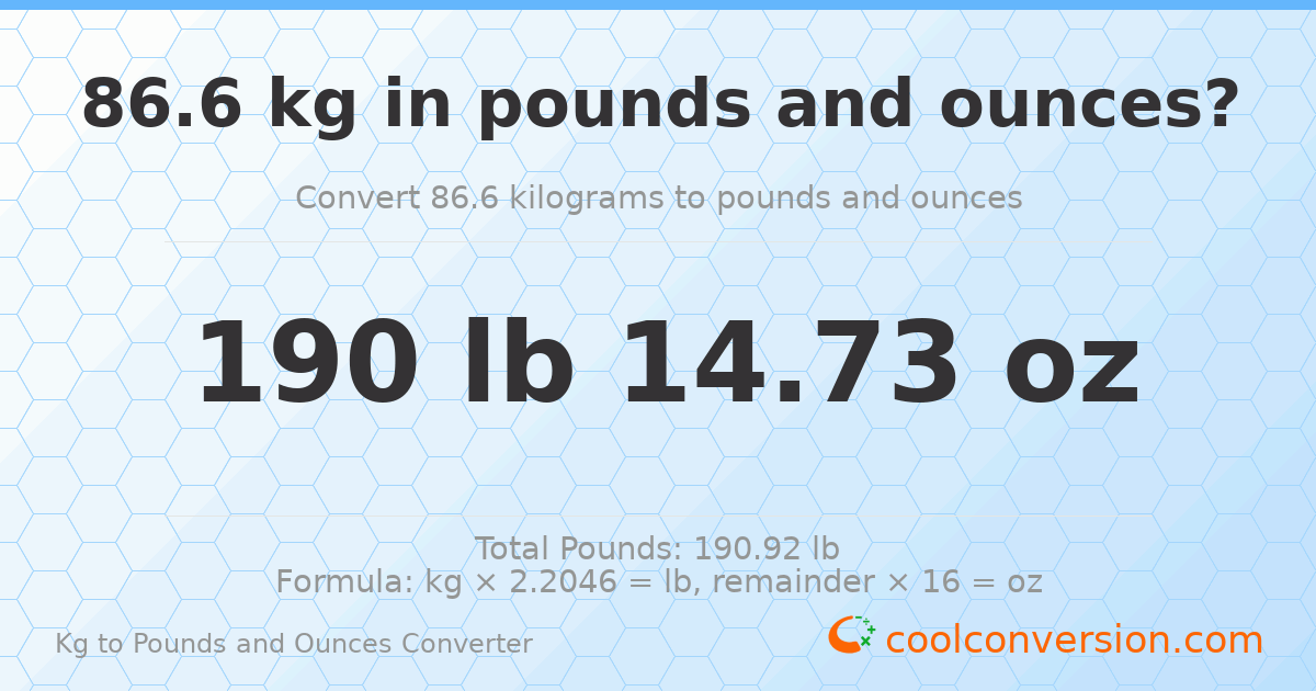 86.6 kg to lbs and oz — 86.6 kg = 190 lb 14.73 oz
